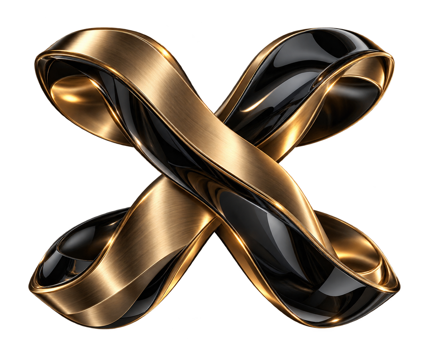 Escultura tridimensional en cristal negro y metal dorado con forma de X